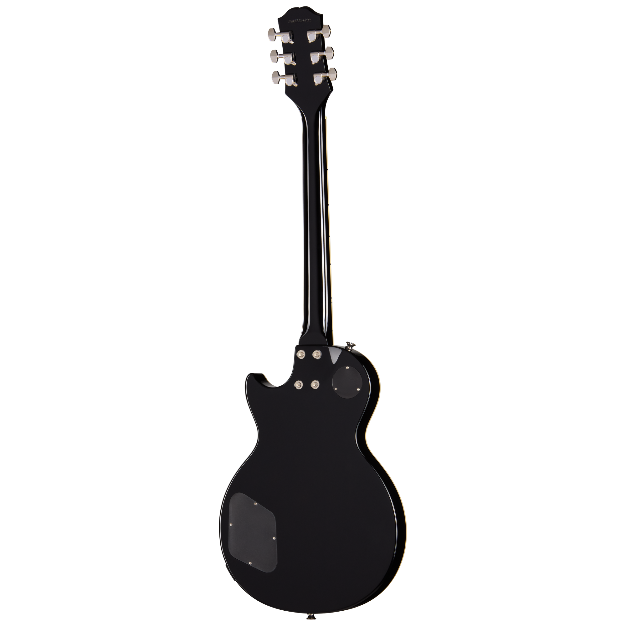 E-Gitarre, schwarzer Korpus, massiver Korpus, sechs Saiten, Chrommechaniken
